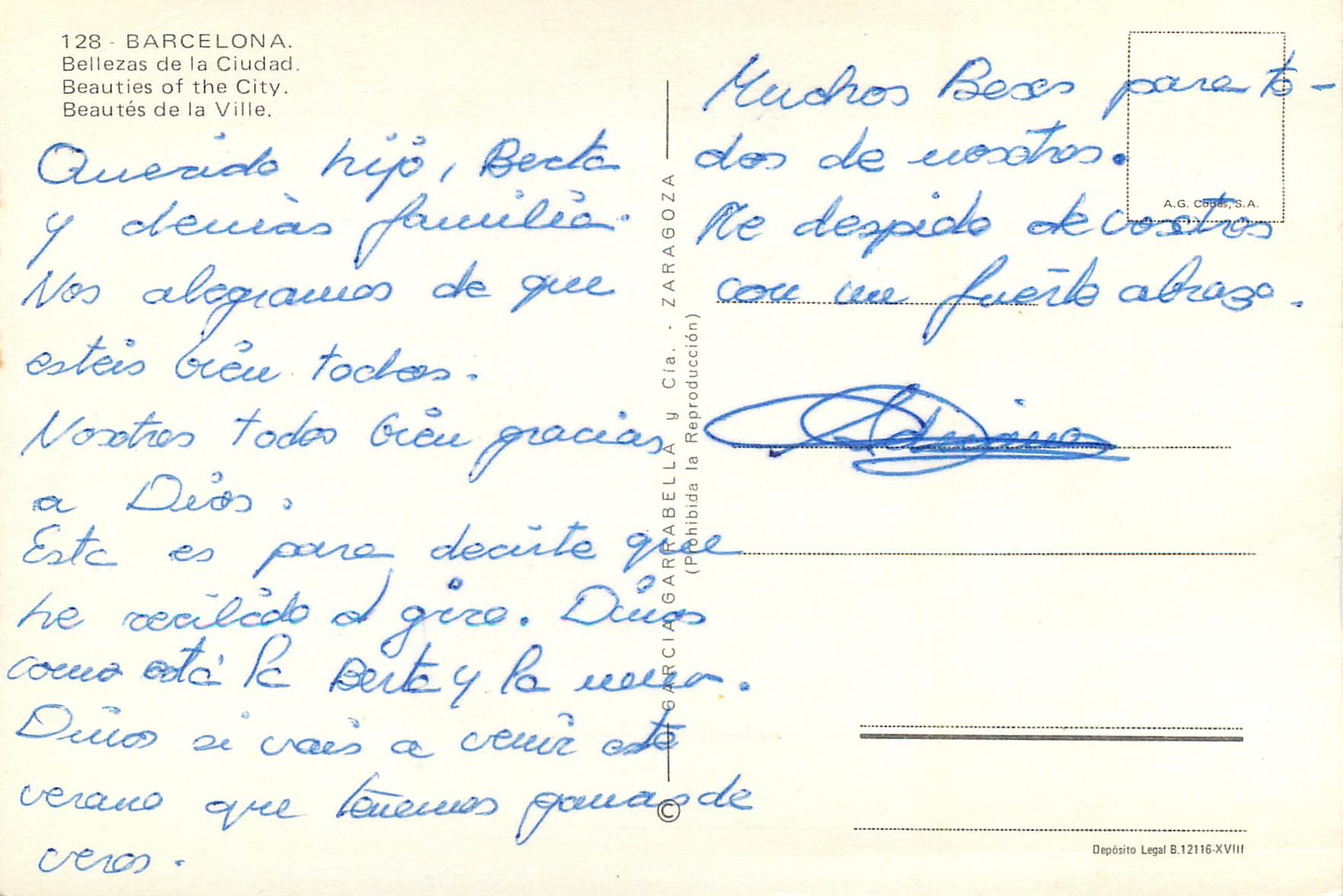 CPM Barcelona Recuerdo Beautes de la Ville — Rückseite