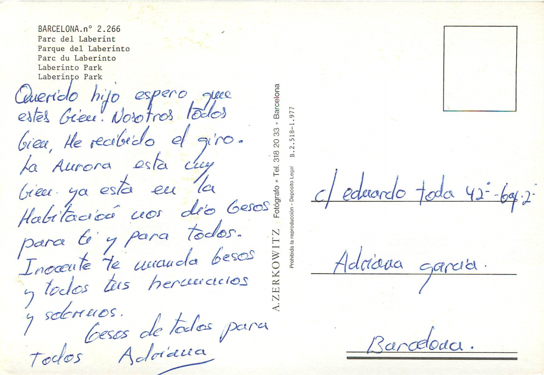 CPM Barcelona Parc du Laberinto — Rückseite