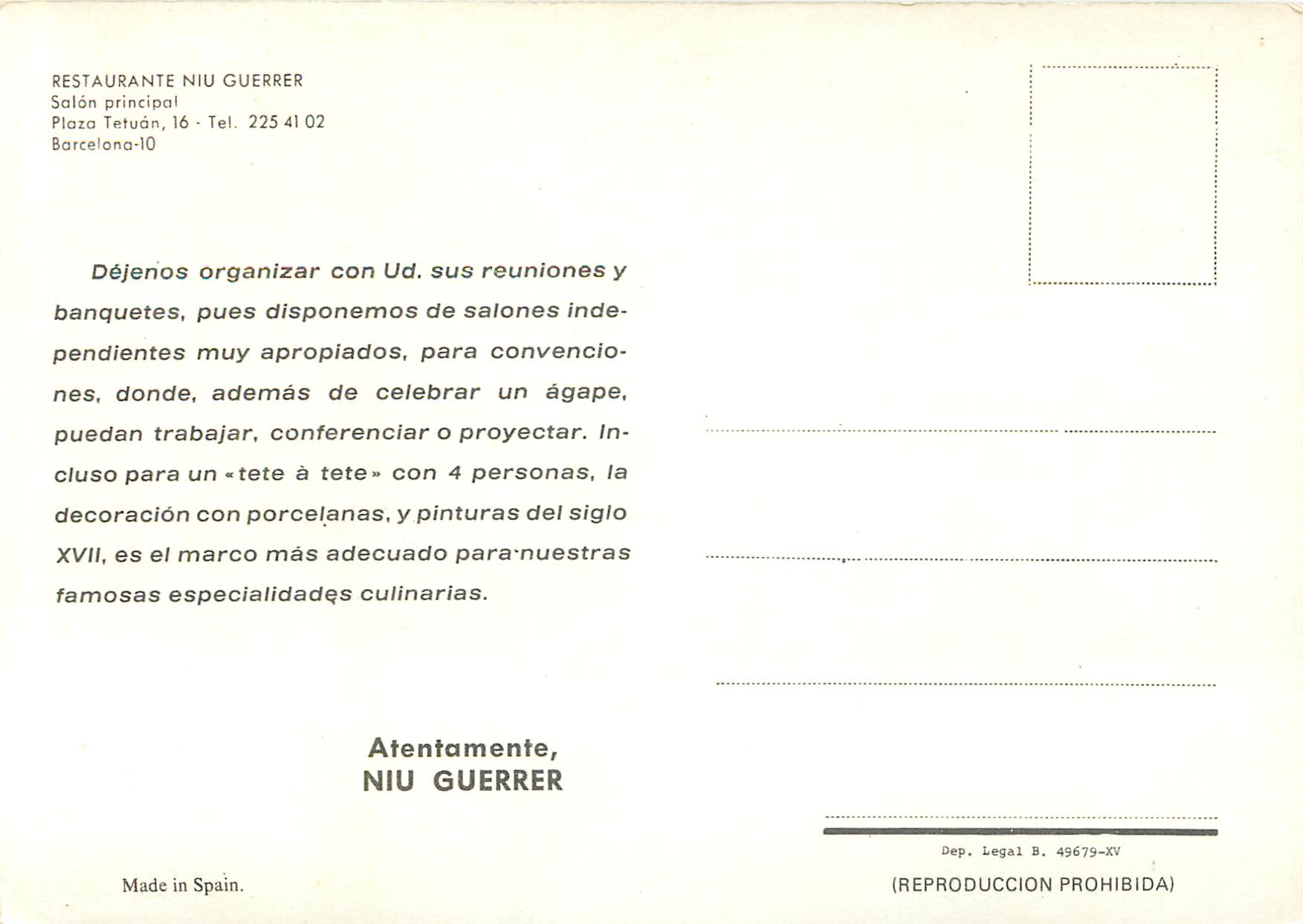 CPM Barcelona Restaurante Niu Guerrer Salon Principal — Rückseite