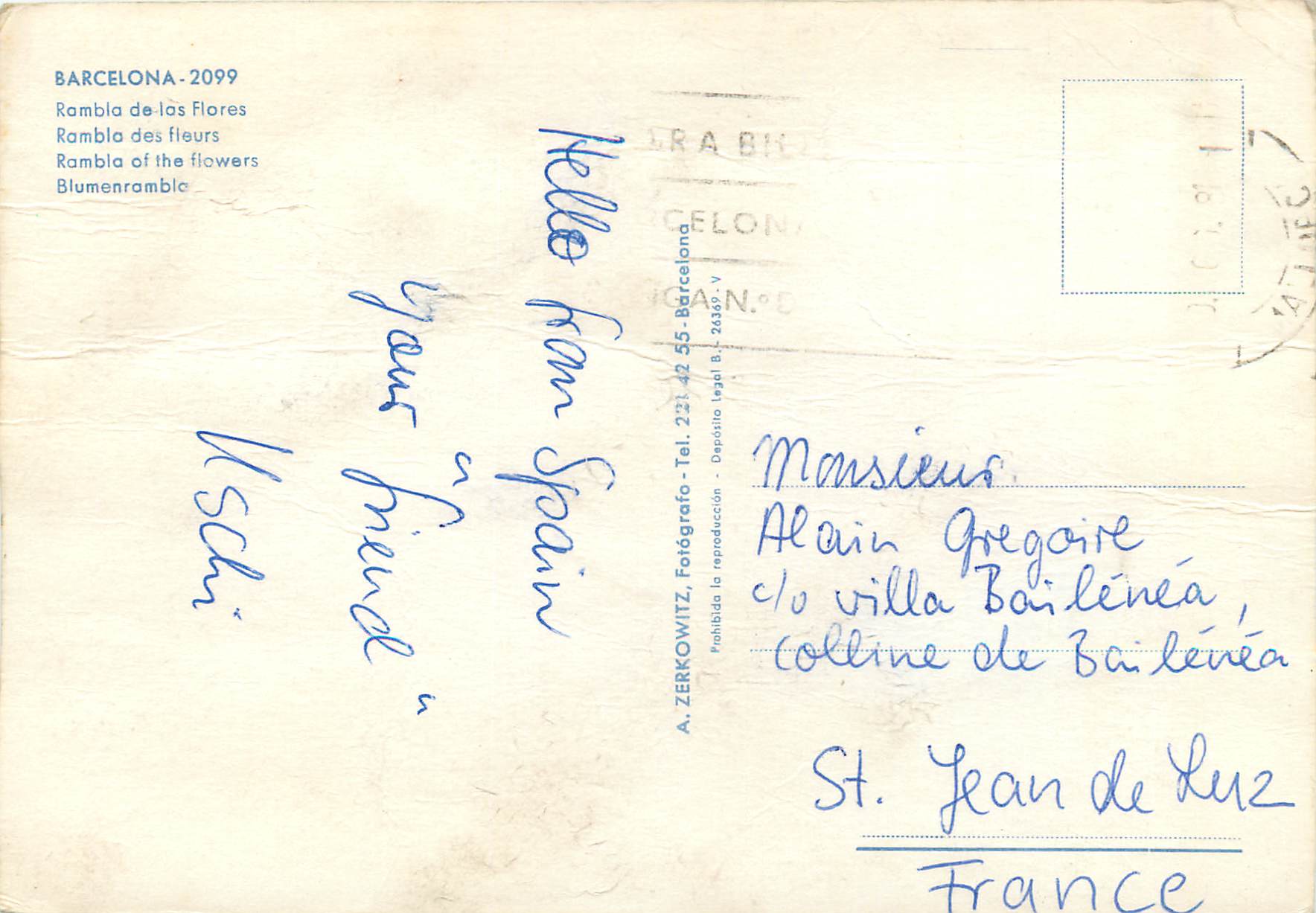 Rambla de las Flores — Barcelone — A. ZERKOWITZ, n°2099 — Reverso