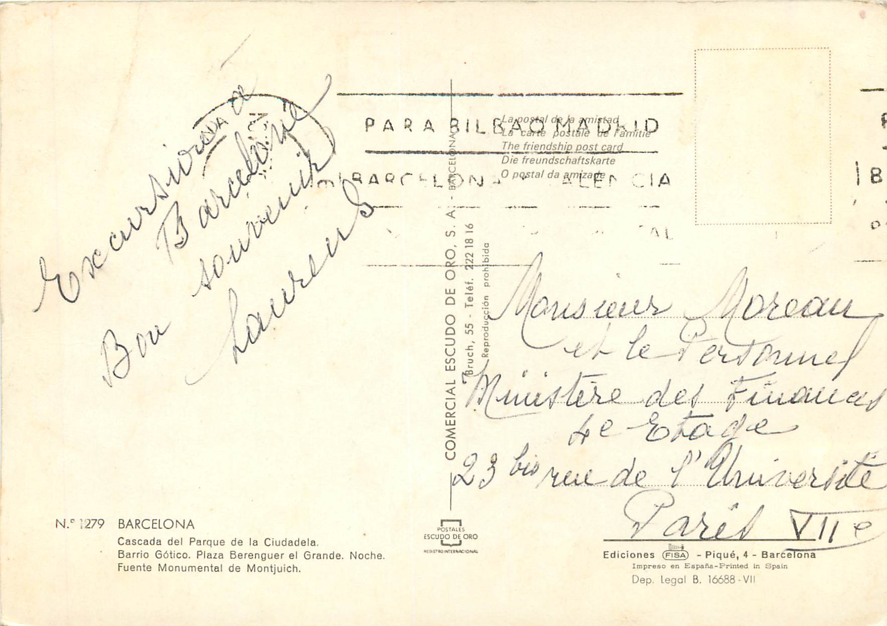 CPM Recuerdo de Barcelona Fuente Monumental de Montjuich — Rückseite