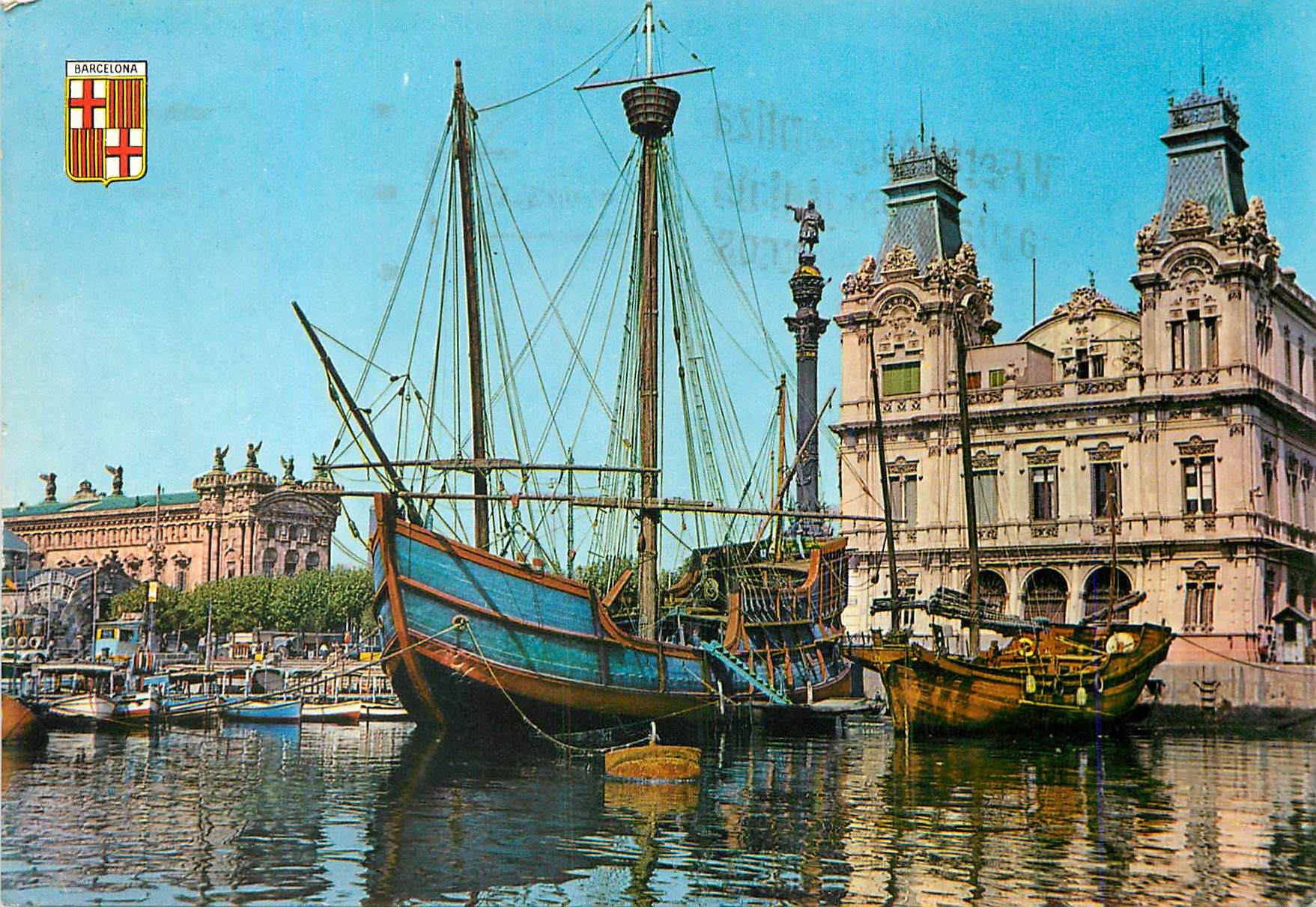 CPM Barcelona Carabela y Monumento a Colon Bateau