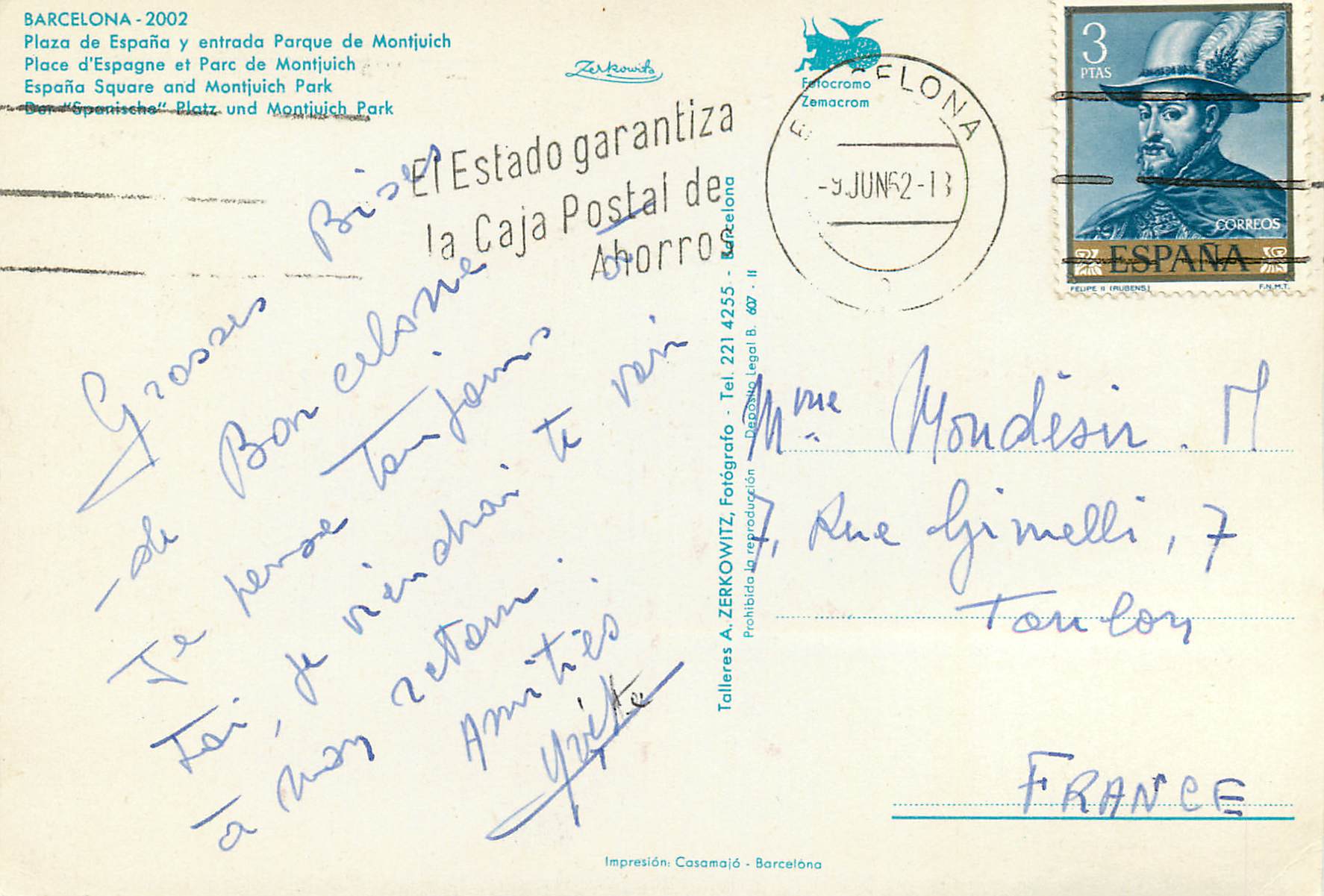CPM Barcelona Place d'Espagne et Parc de Montjuich Tramway — Verso