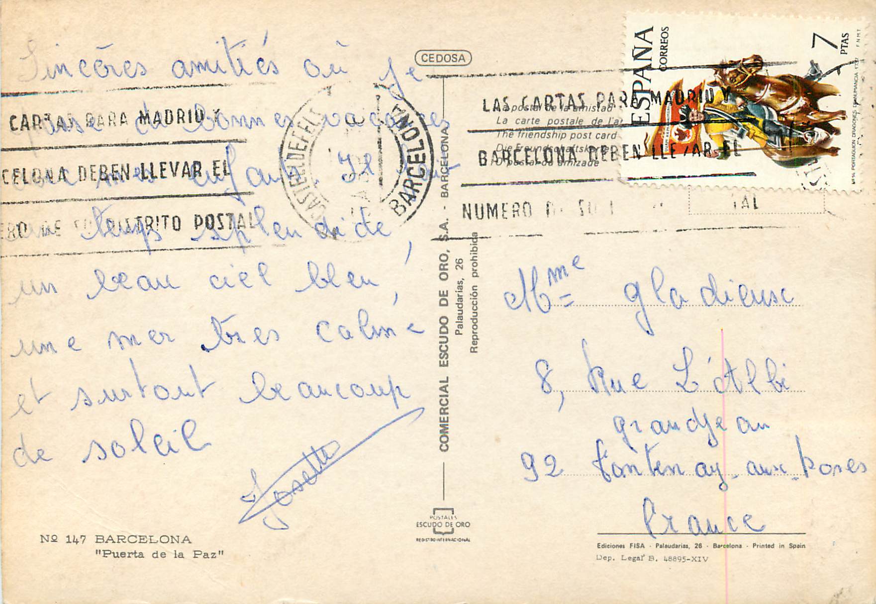 CPM Barcelona Puerta de la Paz Bateau — Verso