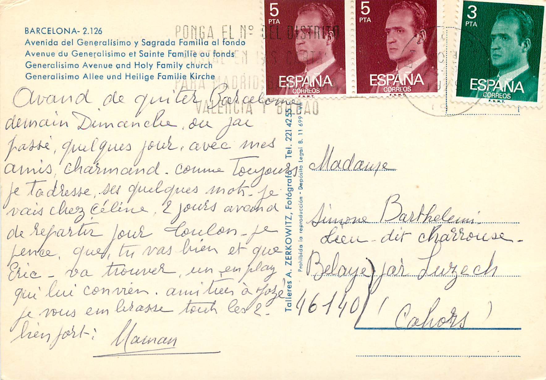 CPM Barcelona Avenue du Generalismo et Sainte Famille au Fonds — Rückseite