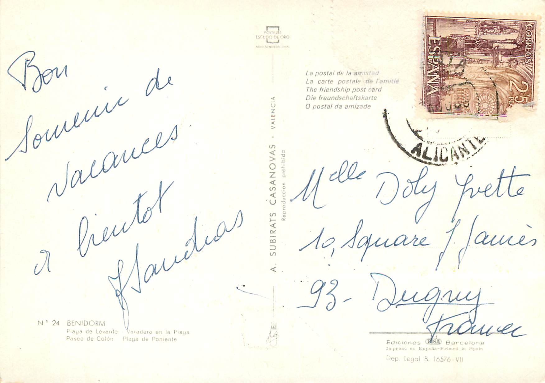 CPM Recuerdo de Benidorm — Verso