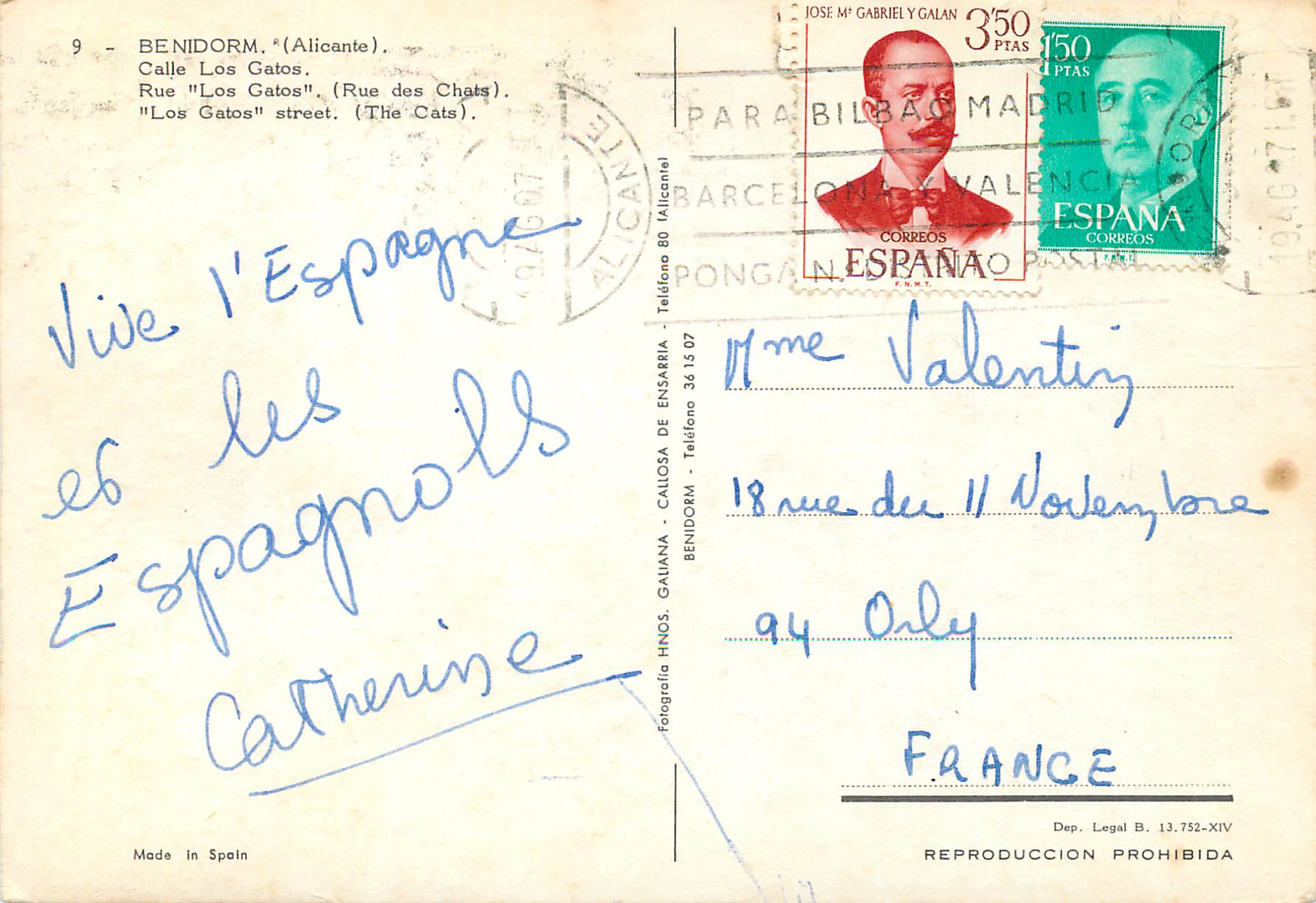 CPM Benidorm (Alicante) Rue Los Gatos (Rue des Chats) — Verso