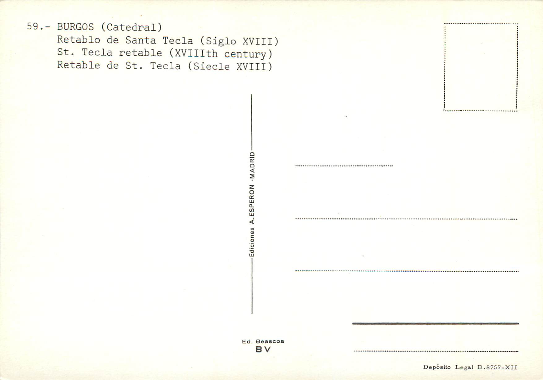 CPM Burgos (Cathedrale) Retable de St Tecla (Siecle XVIII) — Rückseite