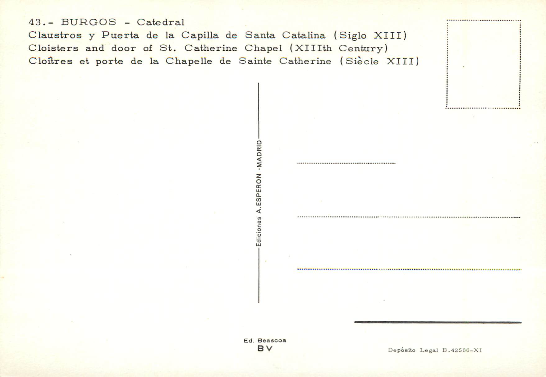 CPM Burgos Catedral cloitres et Porte de la Chapelle de Sainte catherine (Siecle XVIII) — Rückseite