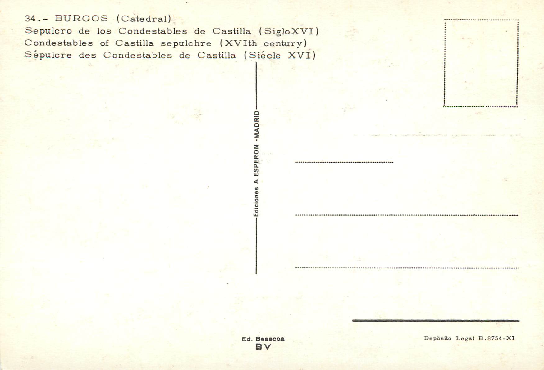 CPM Burgos Catedral Sepulcre des Condestables de Castilla (Siecle XVI) — Rückseite