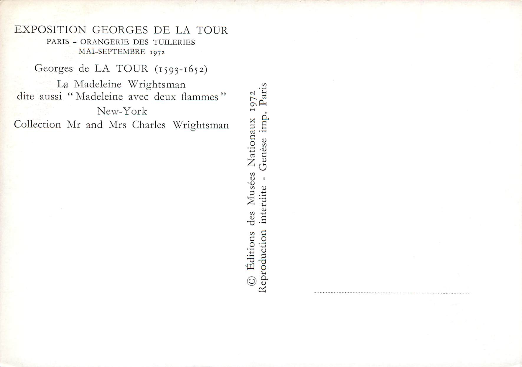 CPM Exposition Georges de la Tour Paris Orangerie des Tuileries Mai Septembre 1972 — Verso