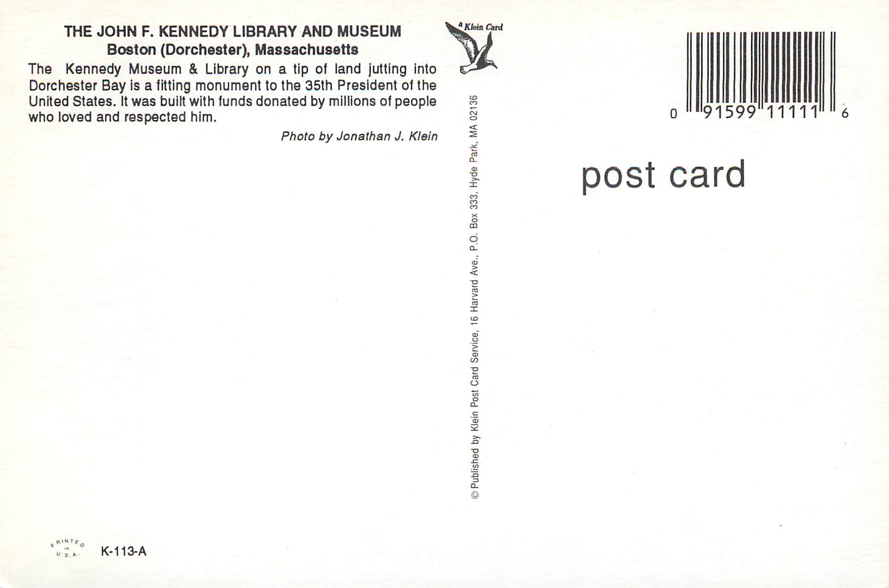 CPM John F Kenned Library and Museum Boston (Dorchester) Massachusetts — Rückseite