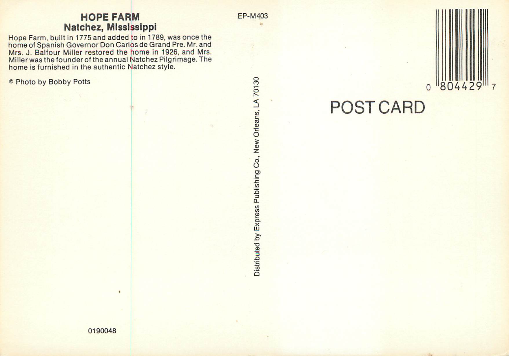 CPM Natchez Mississippi Hope Farm — Rückseite