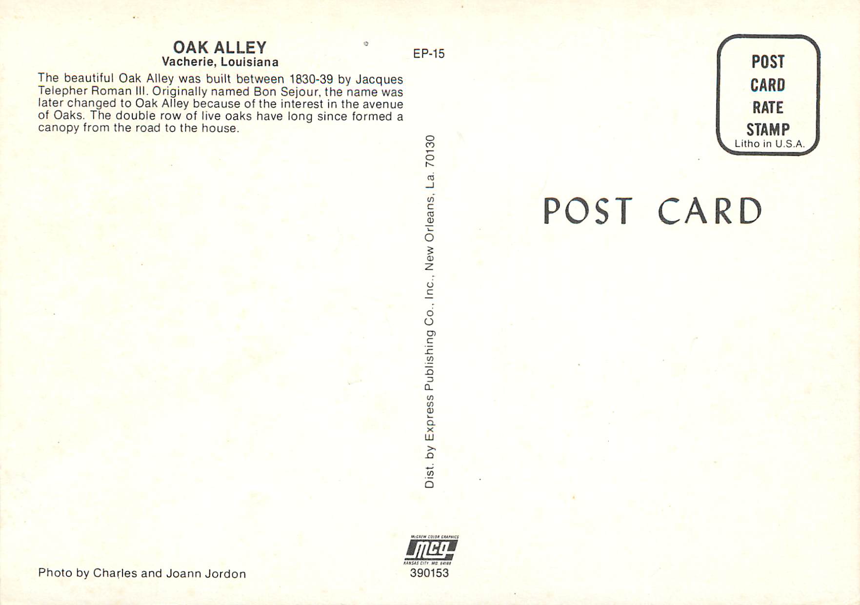 CPM Oak Alley Vacherie Louisiana — Rückseite