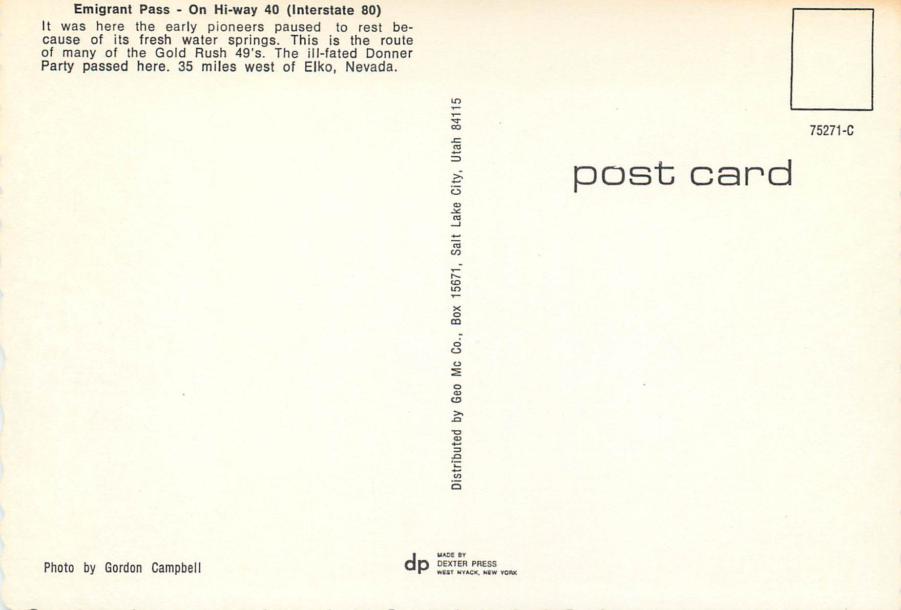 CPM Greeting from Nevada Emigrant Pass On Hi way 40 (Interstale 80) — Back