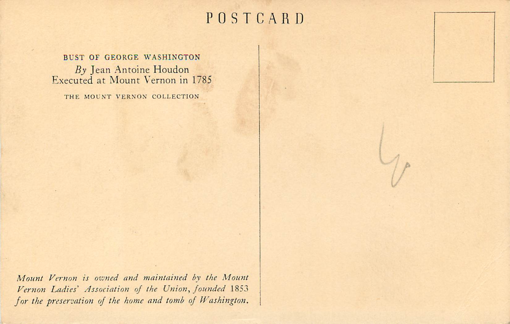 CPA Bust of George Washington By Jean Antoine Houdon — Rückseite