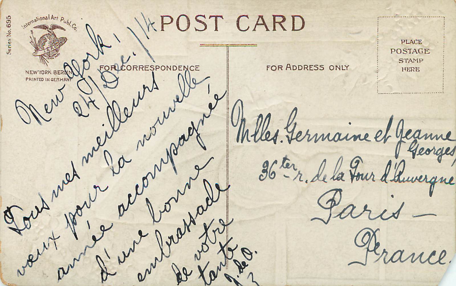 CPA Christmas Greetings New York Burn — Rückseite