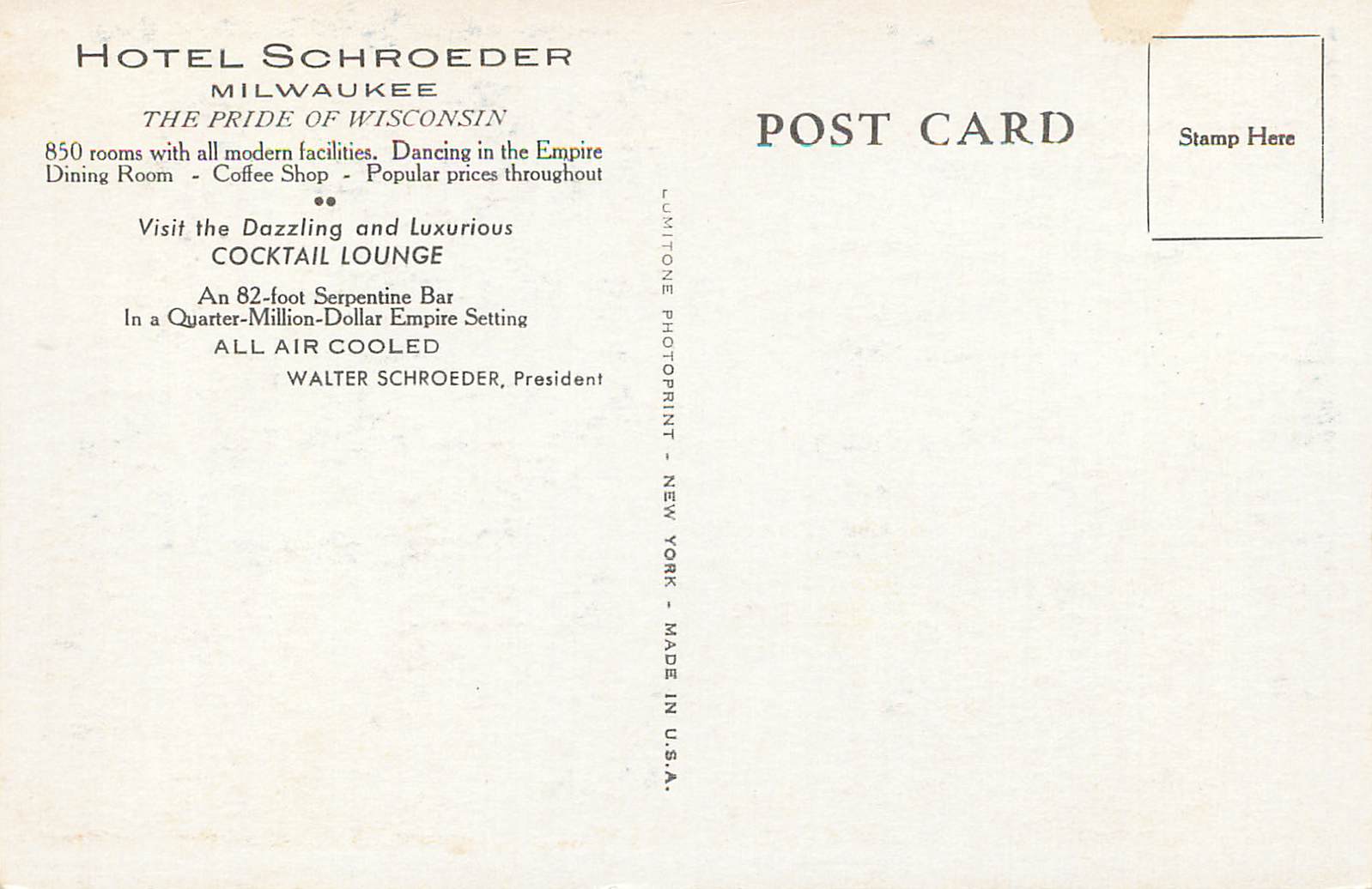 CPA Hotel Schroeder Milwaukee WIS The Pride of Wisconsin — Back