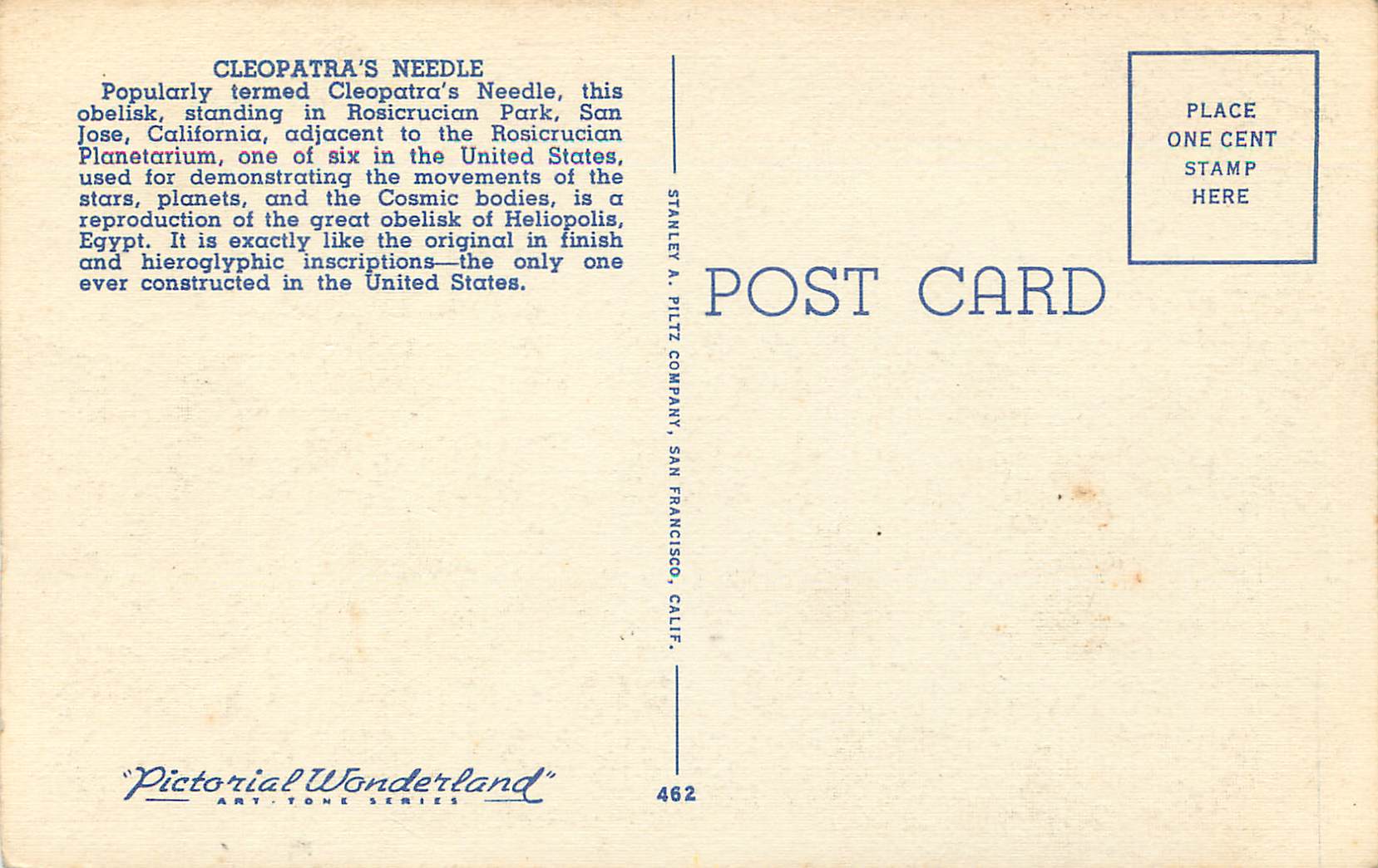 CPA Cleopatra's Needle and Planetarium in Rosicrucian Park San Jose California — Back