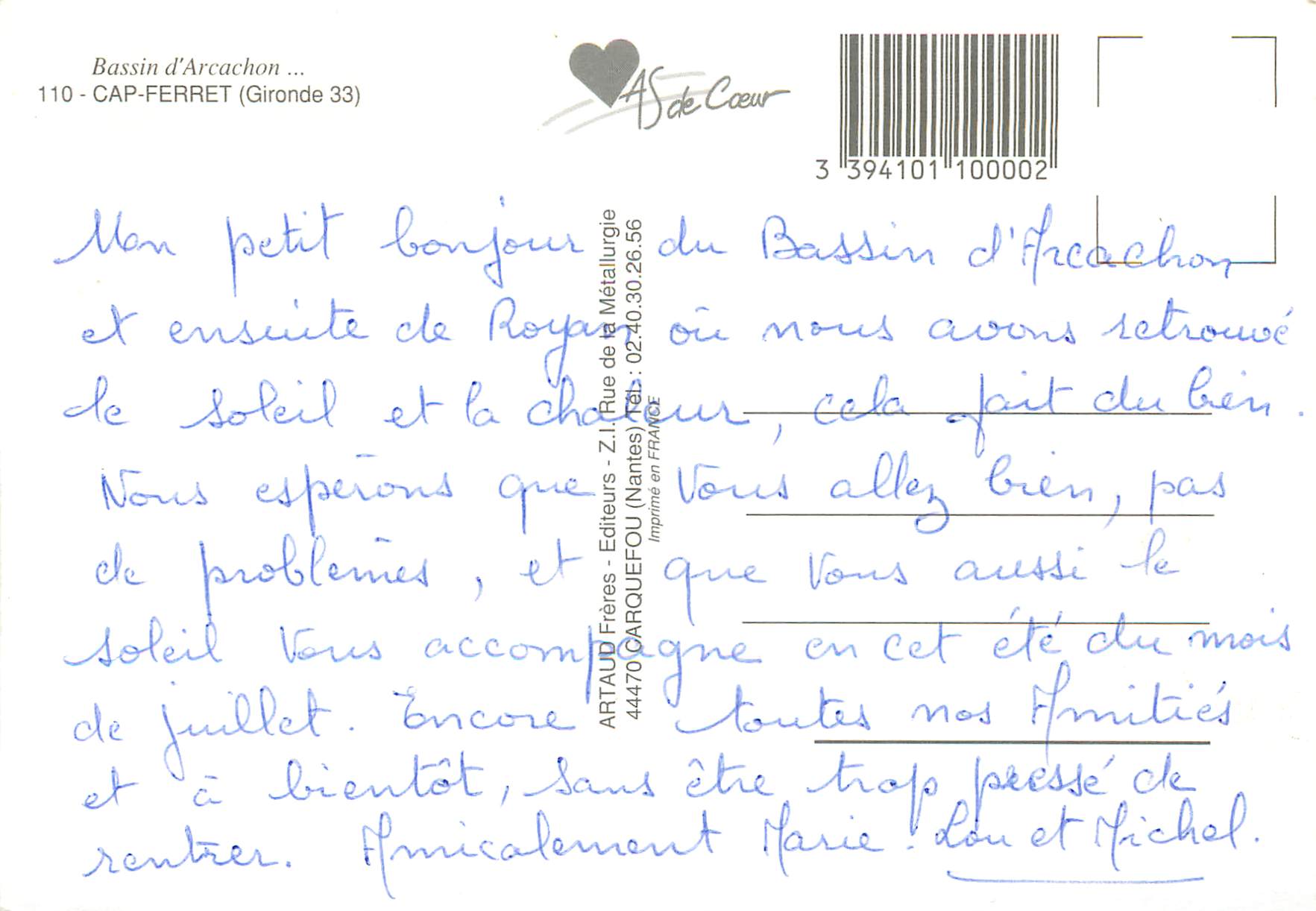 CPM Bonjour du Cap Ferret — Verso
