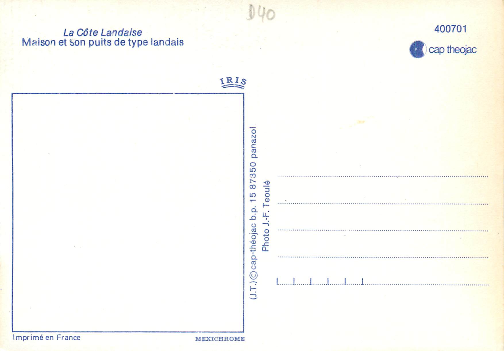 La Côte Landaise — Maison et son puits de type landais — IRIS, n° 400701 — Rückseite