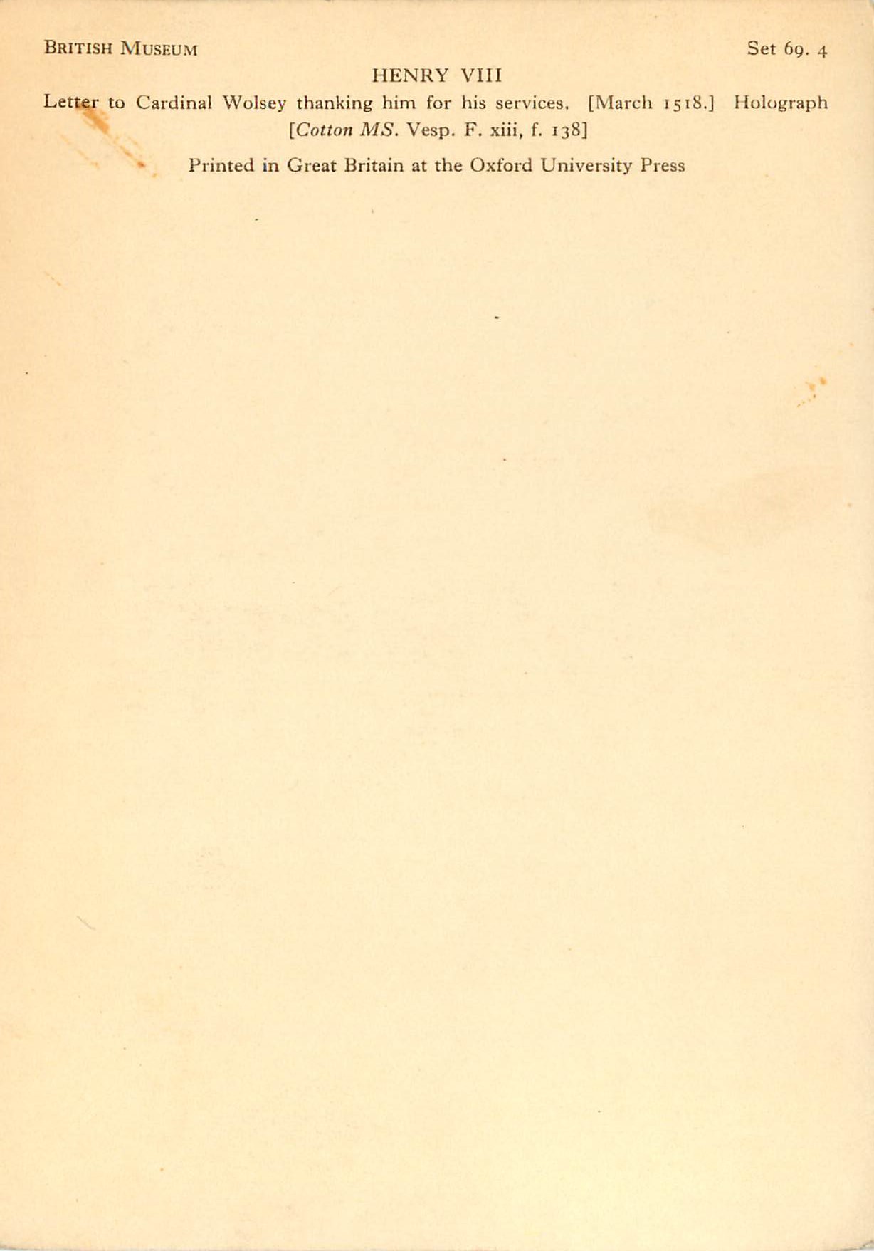 CPM British museum Henry VIII Letter to cardinal Wolsey — Rückseite