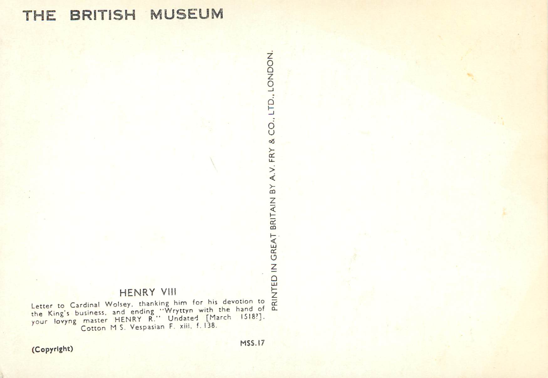 CPM British museum Henry VIII Letter to cardinal Wolsey — Verso