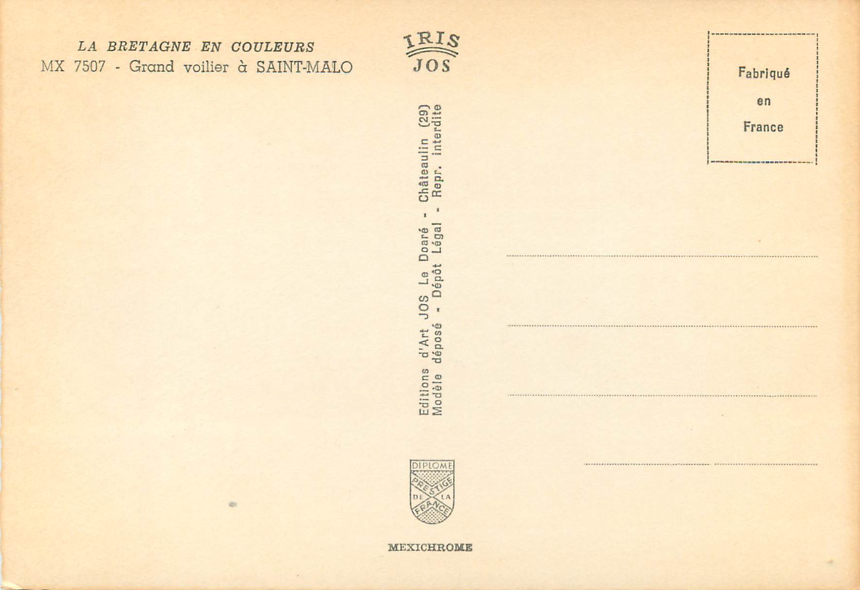 CPM La Bretagne Grand Voilier a Saint Malo — Rückseite
