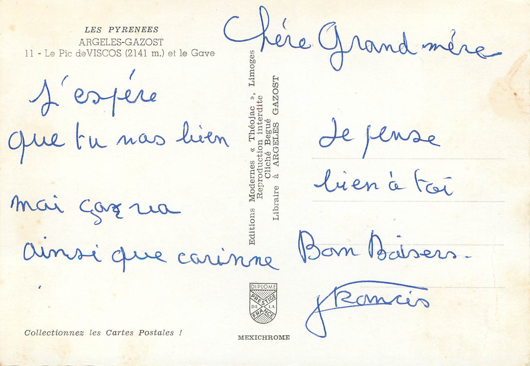 CPM Les Pyrenees Argeles Gazost le Pic de Viscos (2141m) et le Gave — Rückseite