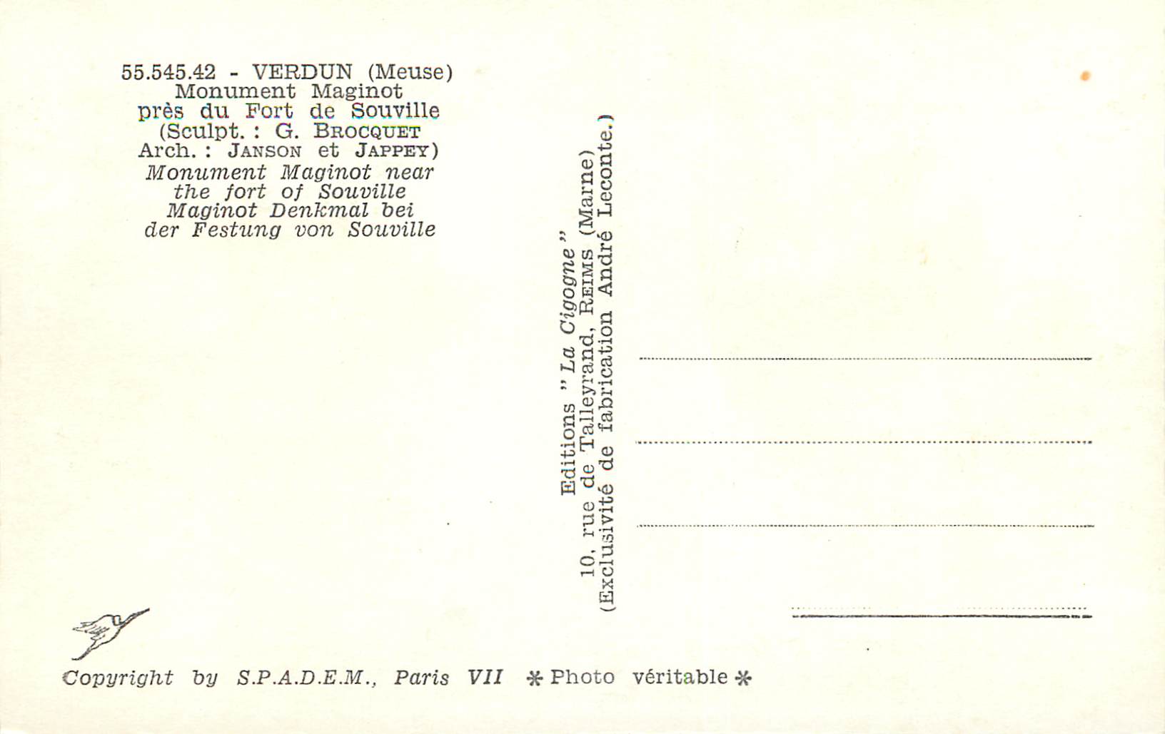 Monument Maginot — André Maginot — Verdun (Meuse) — Éditions La Cigogne — Verso