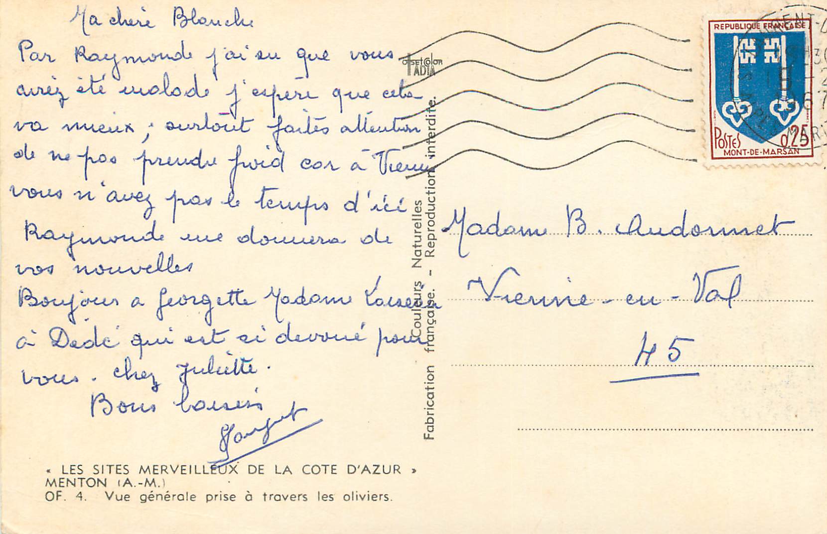 CPM Les Cites Merveilleux de la Cote d'Azur Menton (A M)Vue Generale Prise a Travers les Oliviers — Rückseite