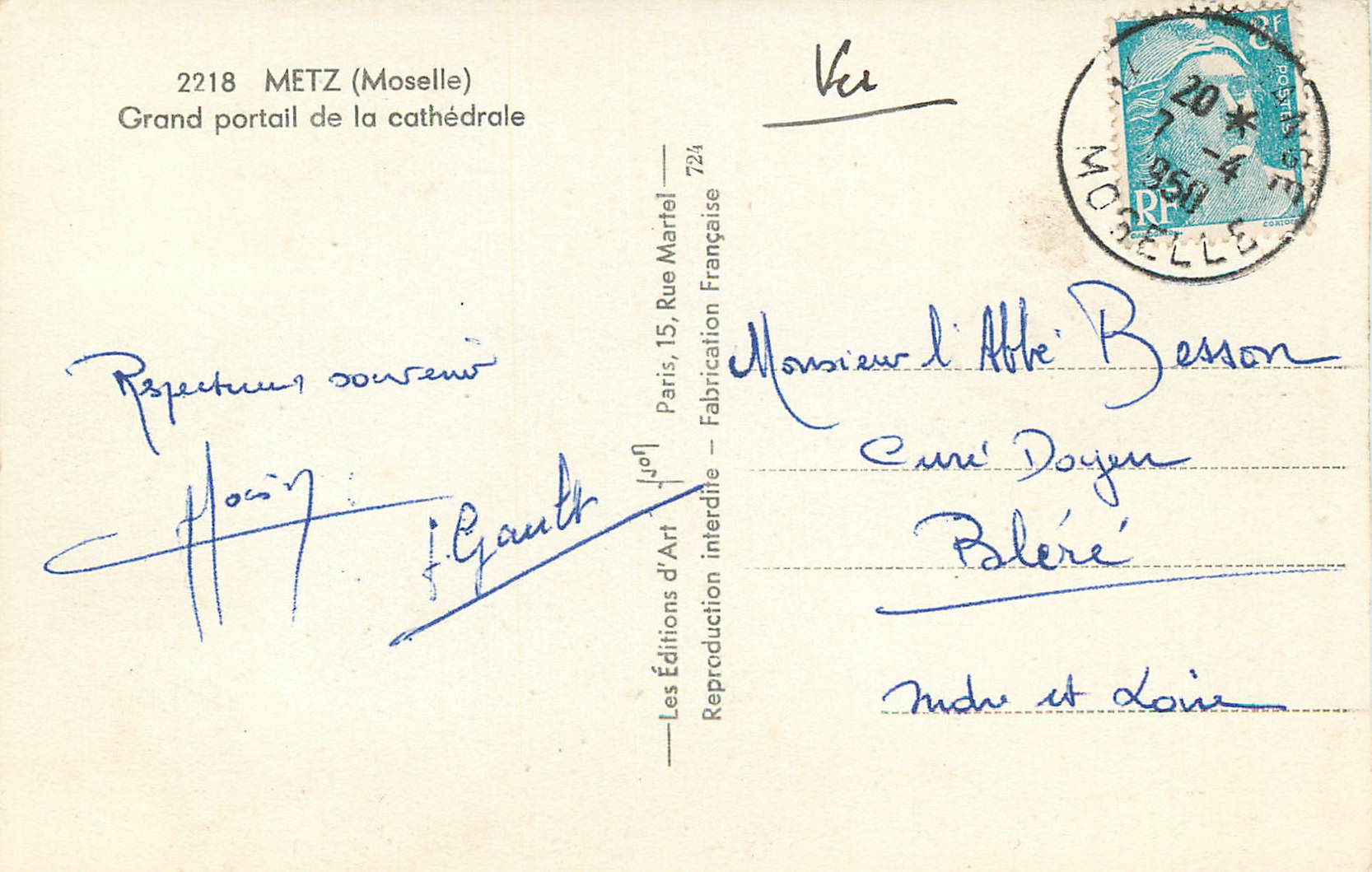 CPM Metz (Moselle) Grand Portail de la Cathedrale — Rückseite