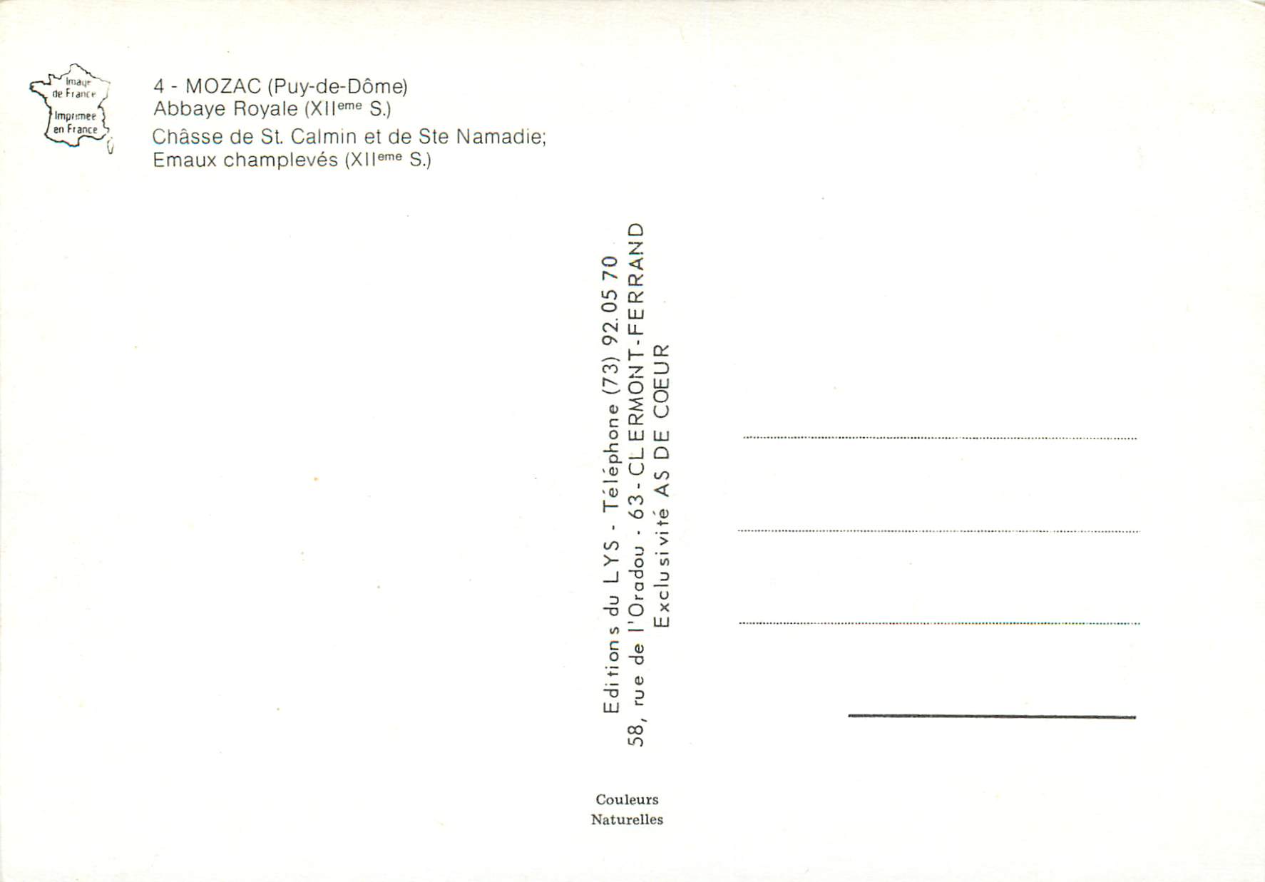 CPM Mozac ( Puy de Dome) Abbaye Royale(XIIe s) — Rückseite