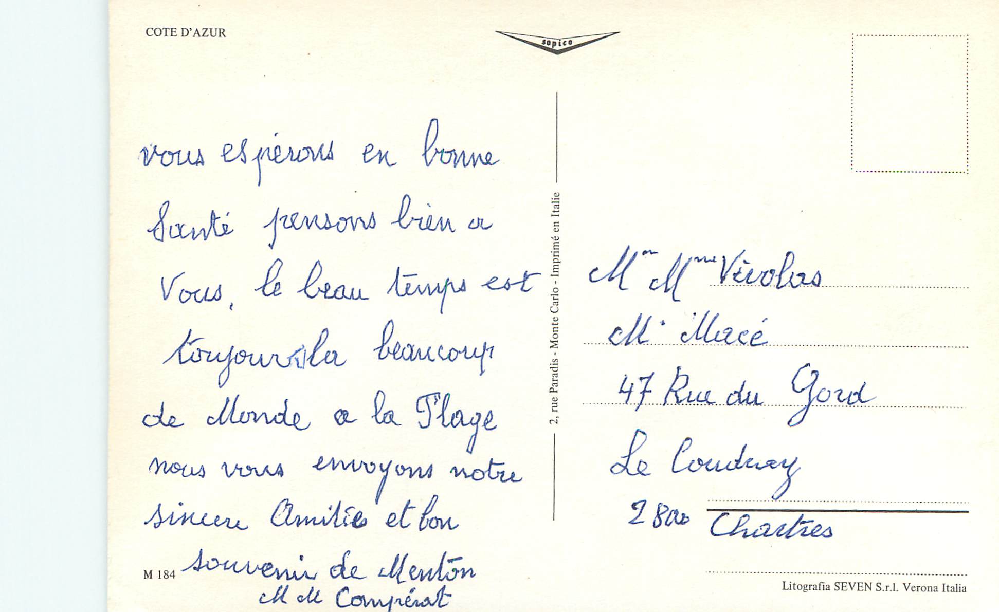 CPM Menton Cote d'Azur — Rückseite