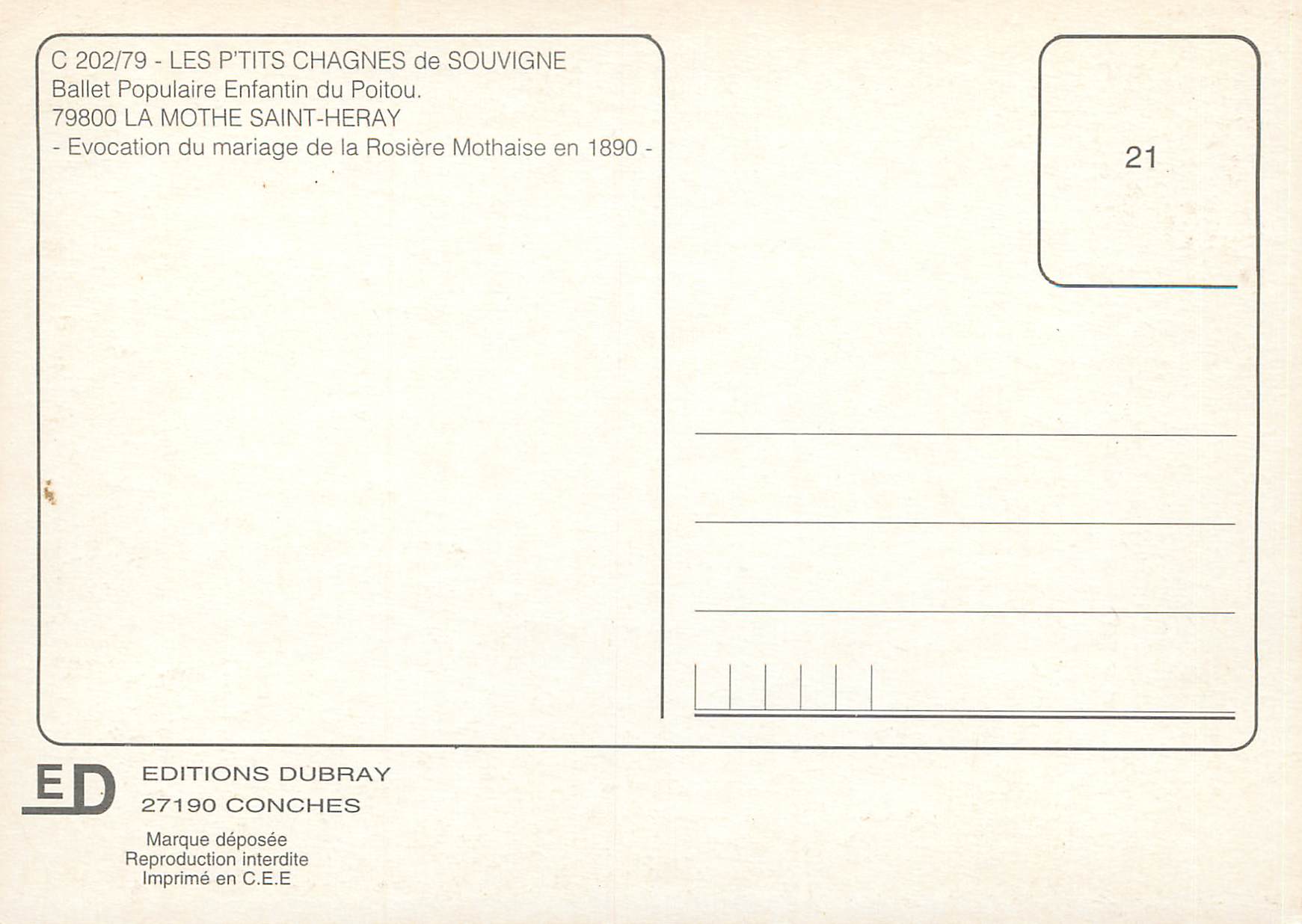 CPM Les P'tits Chagnes de Souvigne la Mothe Saint Heray Evocation du Mariage de la Rosiere Mothaise en 1890 — Back