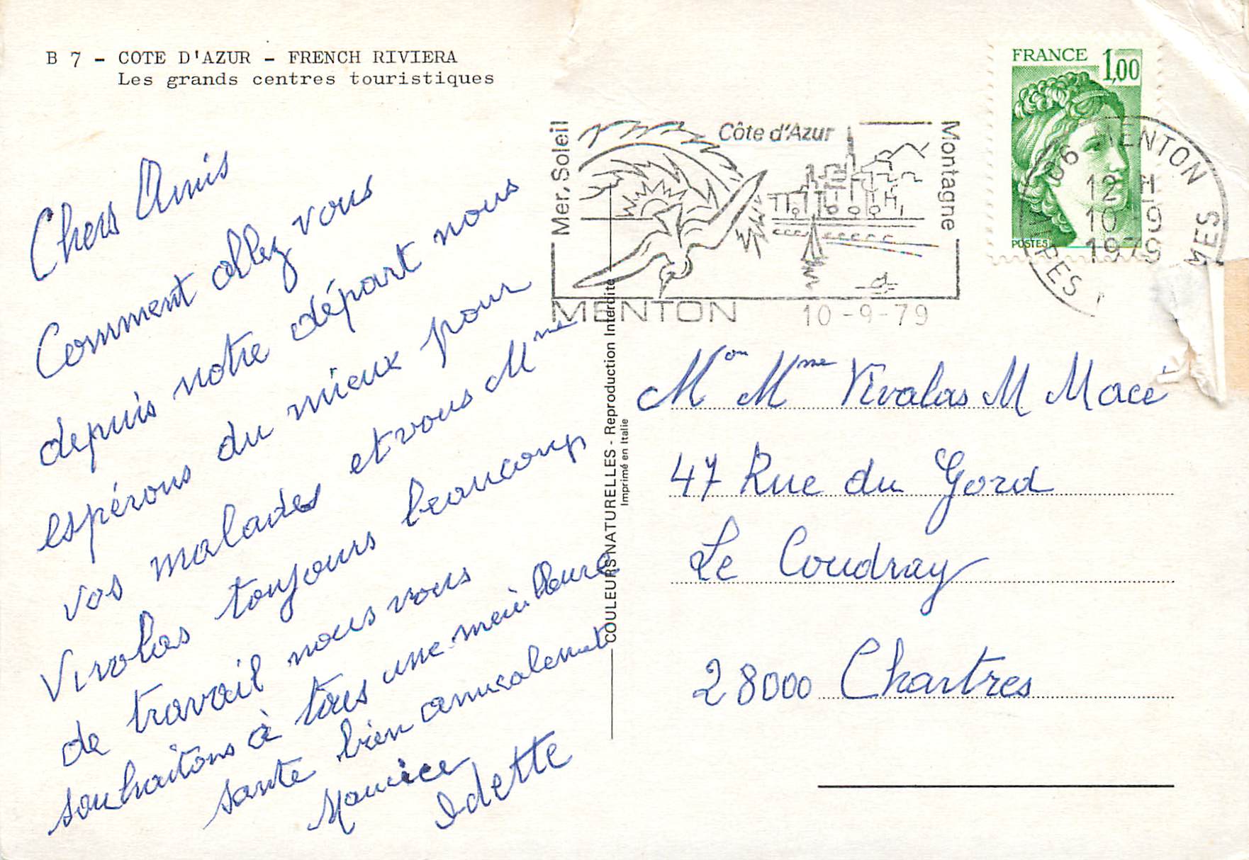 CPM Cote d'Azur French Riviera les Grands Centres Touristiques Menton Cannes Monaco La Turbie Eze Villefranche — Verso