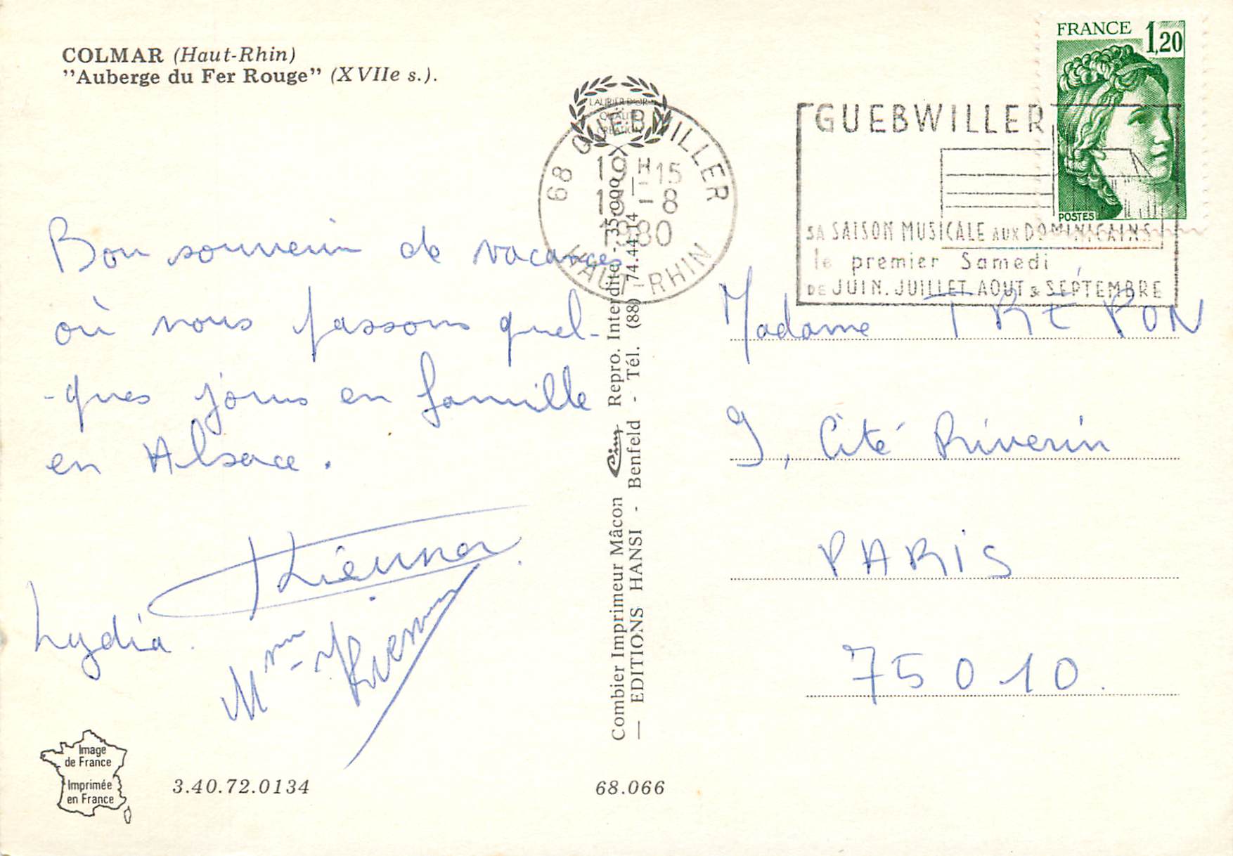 CPM Colmar (Haut Rhin) Auberge du fer Rouge(XVIIe s) — Rückseite