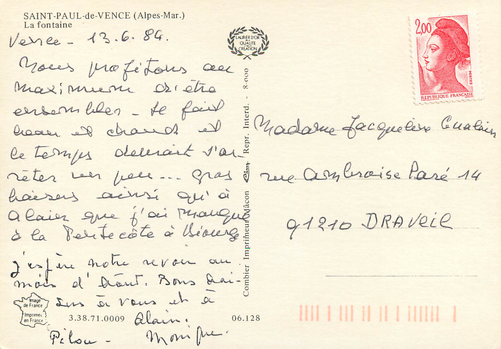 CPM Saint Paul de Vence(Alpes Mar) la Fontaine — Rückseite