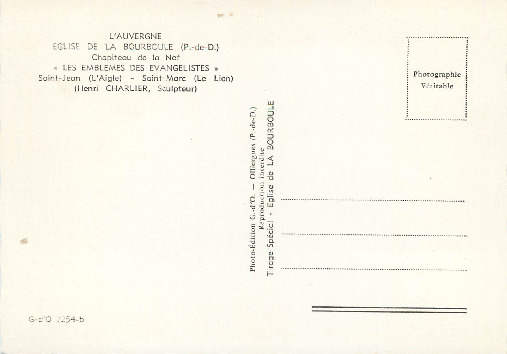 CPM l'Auvergne Eglise de la Bourboule Chapiteau de la Nef — Verso
