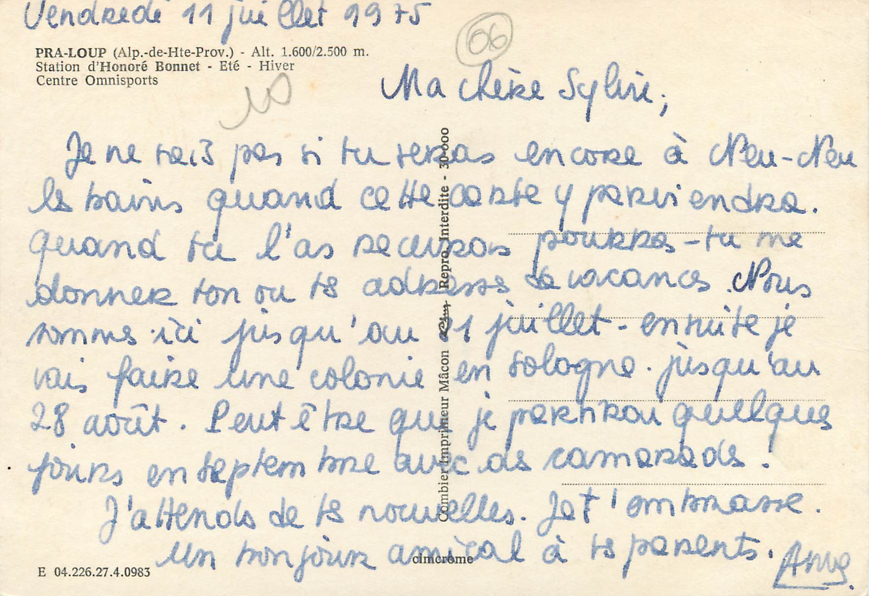 CPM Pra loup (alp de hte prov) alt 1600 2500 m station d'honore bonnet ete hiver centre omnisports Tennis — Verso