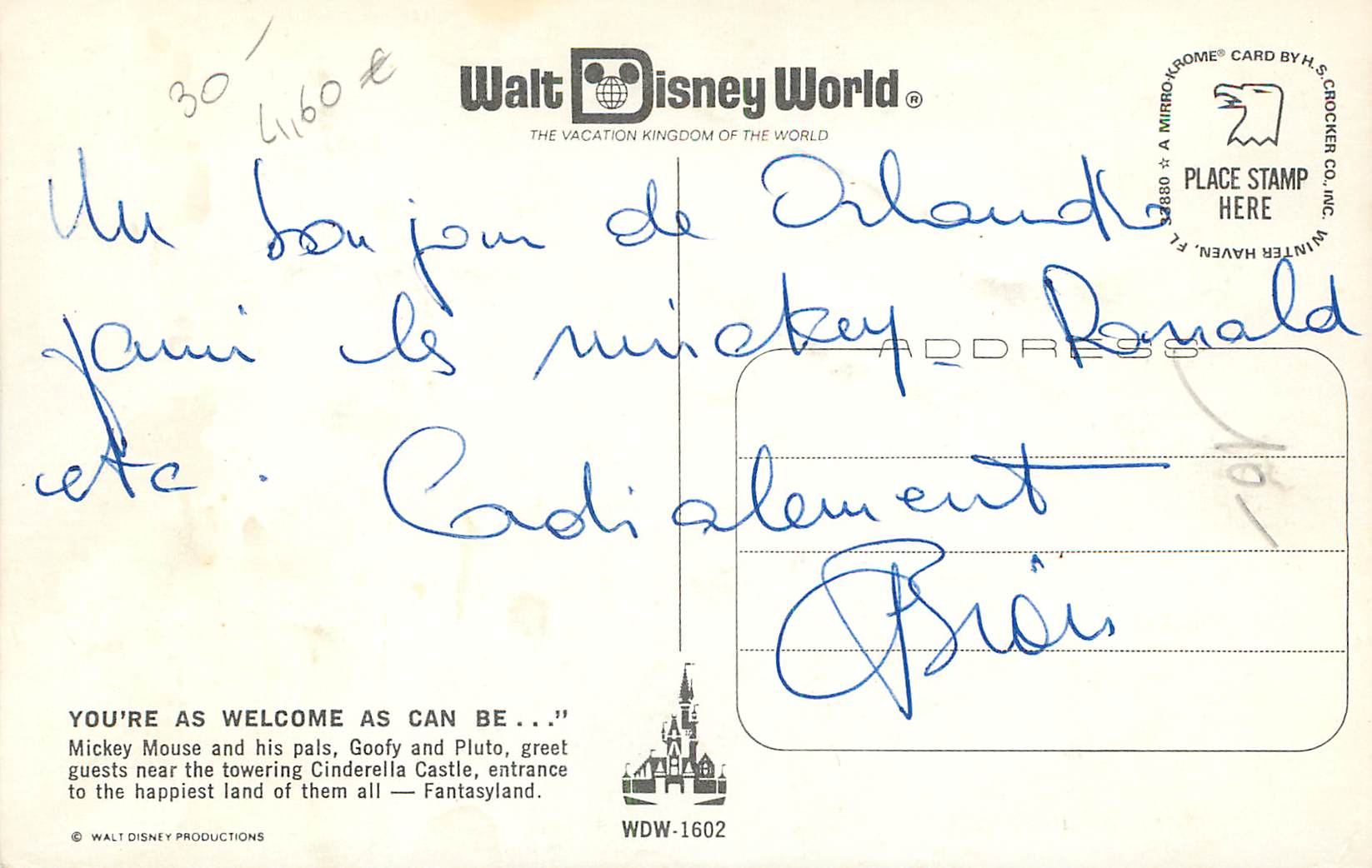CPM Yu're welcome as can bemickey mouse and his pals Mickey Disneyworld — Rückseite