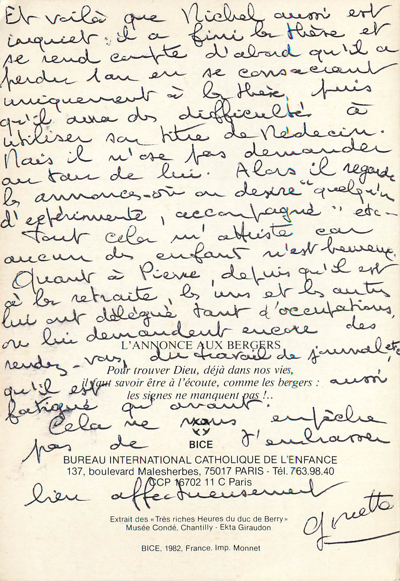 L'Annonce aux bergers — Extrait des « Très riches Heures du duc de Berry » — BICE, 1982 — Reverso