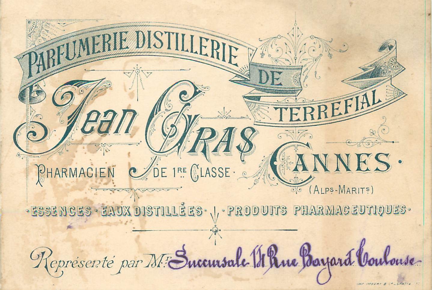 Carte de visite Pharmacie Jean Gras Cannes Essences eaux distillees Toulouse