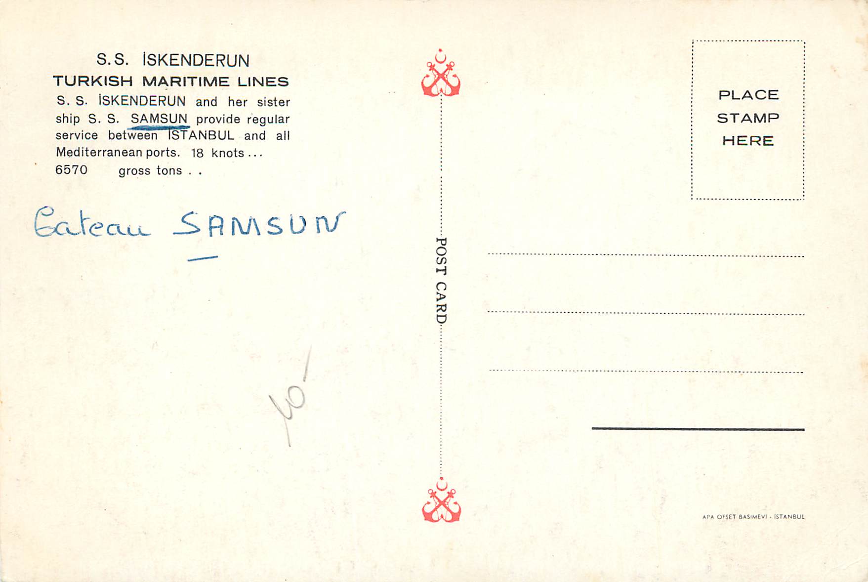 CPM Iskenderun turkish maritine lines Bateau Samsun — Verso