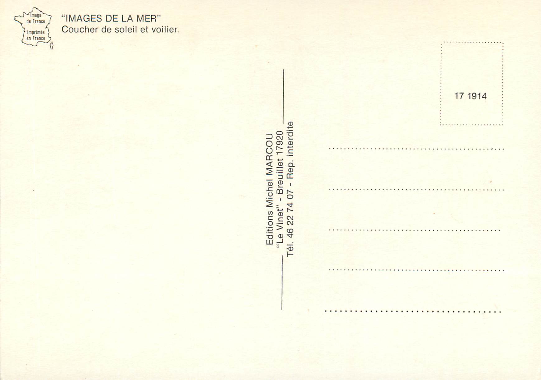 Coucher de soleil et voilier — Images de la mer — Éditions Michel Marcou, Breuillet 17920 — Rückseite