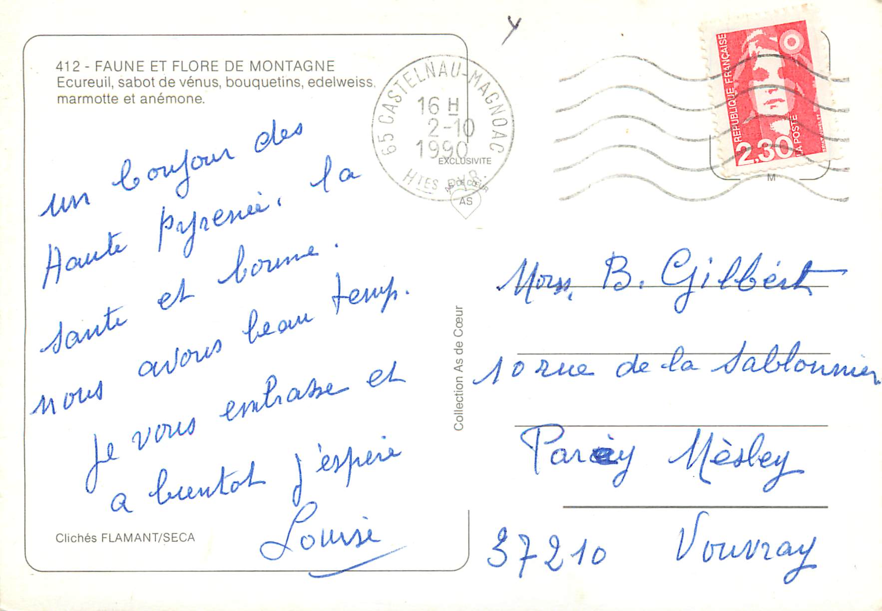 Faune et flore de montagne — 412 — Écureuil, sabot de vénus, bouquetins, edelweiss, marmotte et anémone — Clichés FLAMANT/SECA — Verso