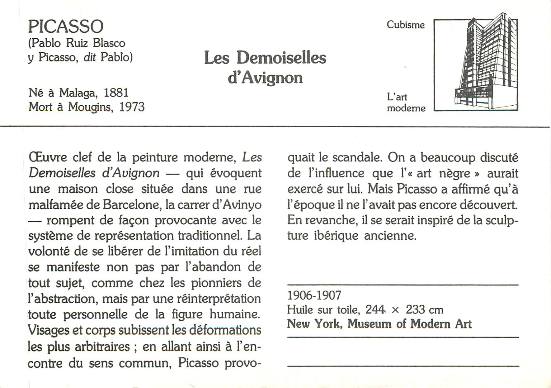 CPM Picasso  les demoiselles d'avignon — Verso