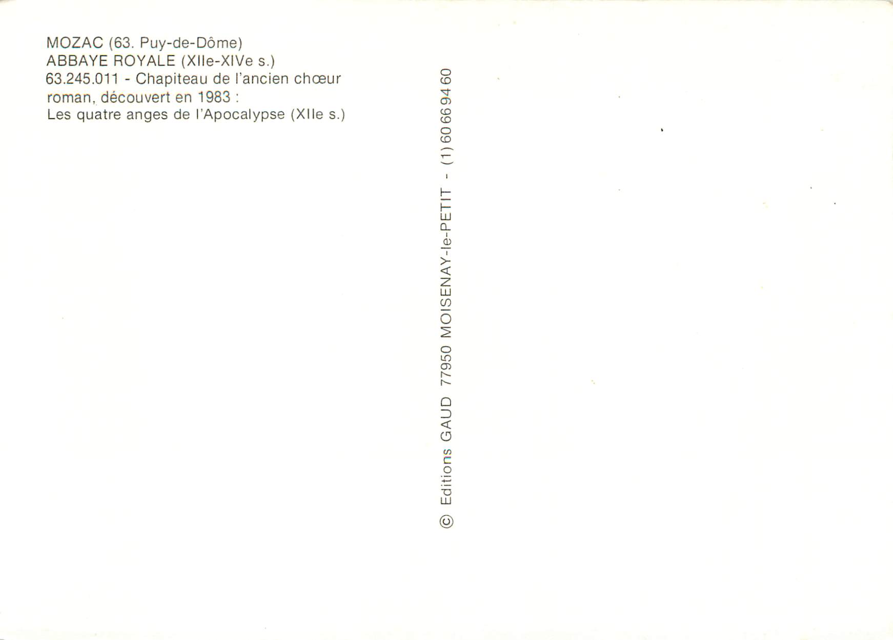 CPM Mozac (puy de dome) abbaye royale (XIIe XIVe s) chapiteau de l'ancien choeur roman decouvert en 1983 les quatre ange — Verso