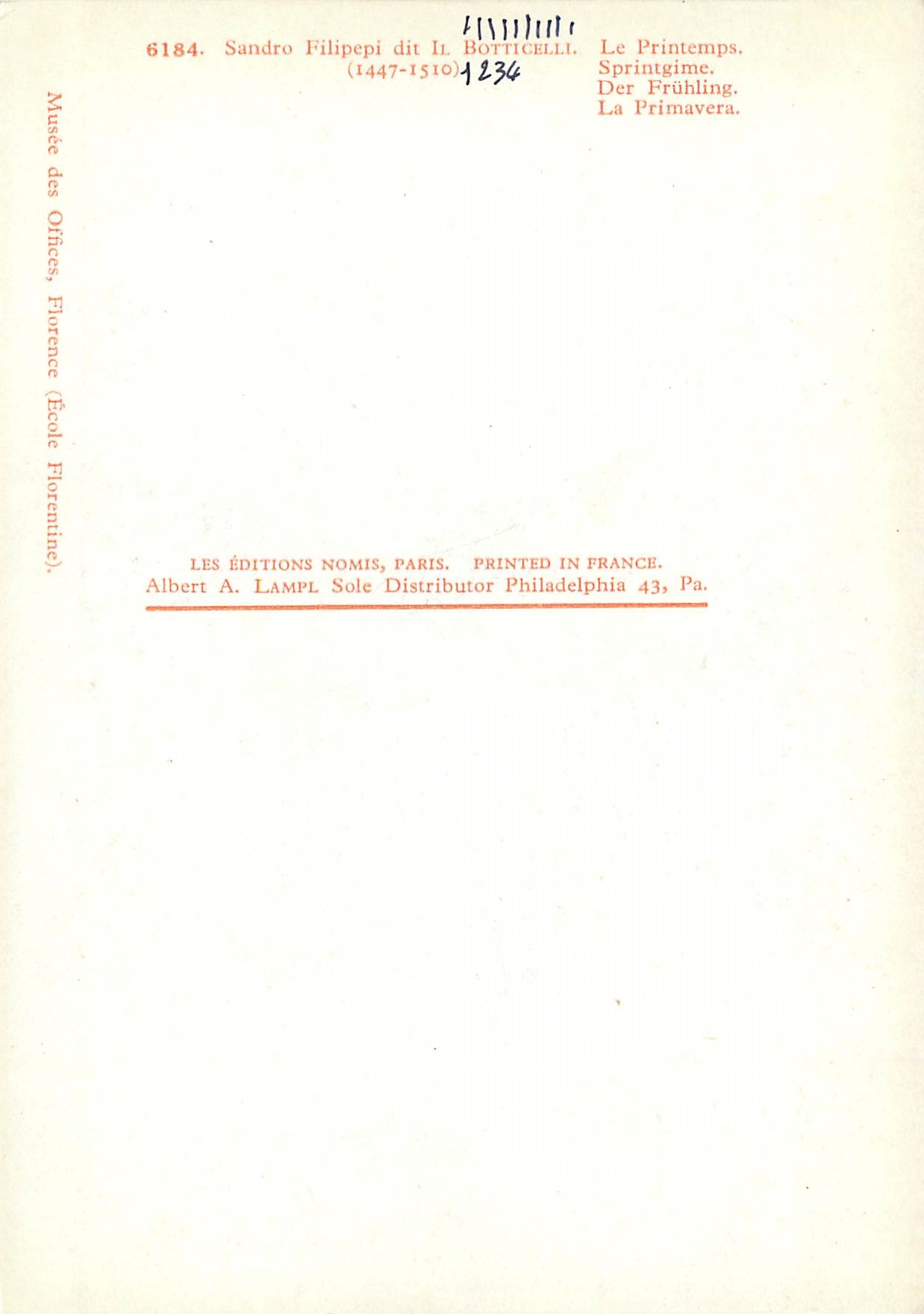 CPM Sandro filipepi dit lt botticelle (1447 1510) le printemps — Verso