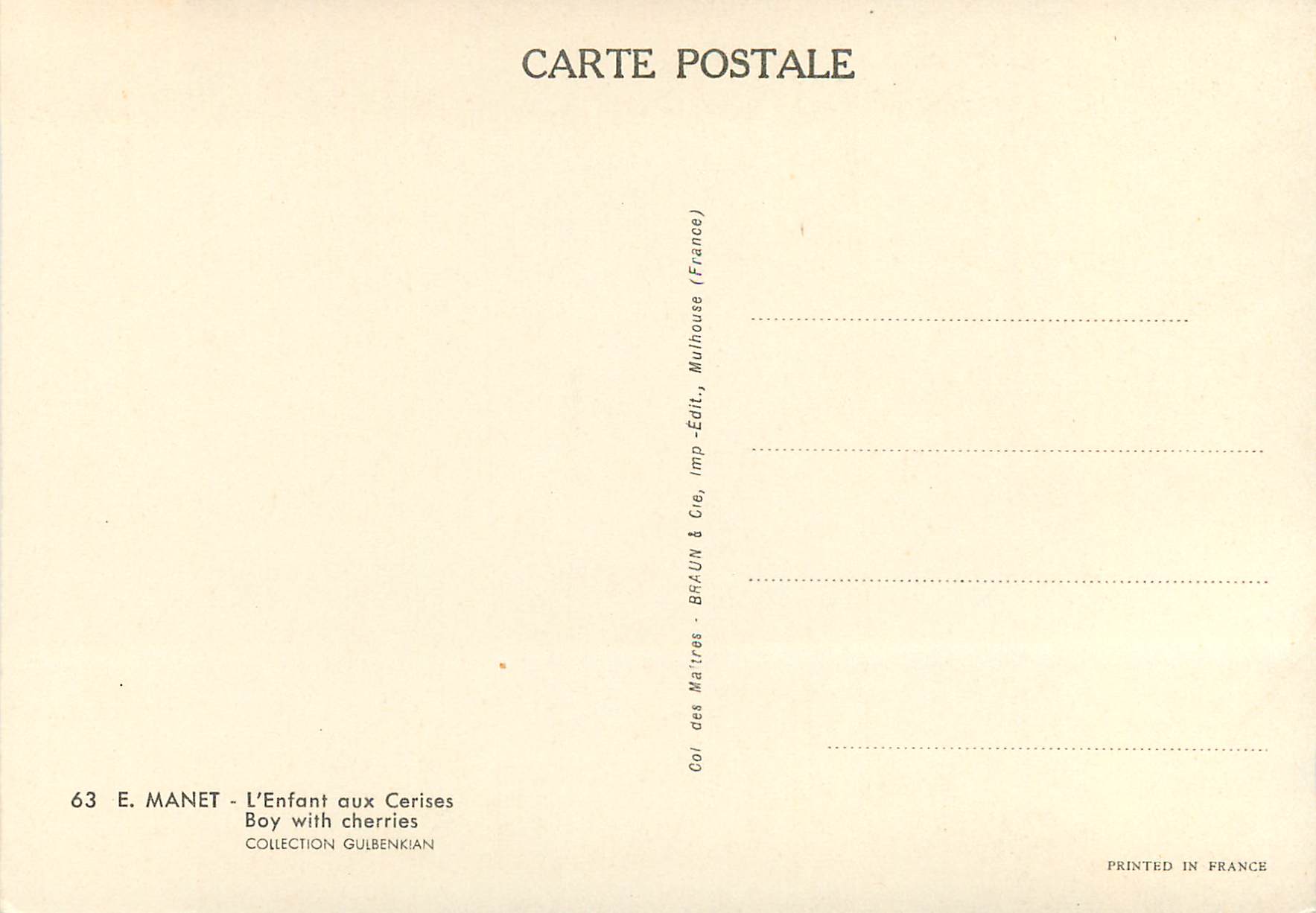 CPM E Manet l'enfant aux cerises — Verso